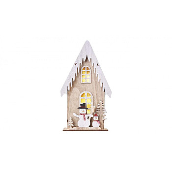 Dekoracje - 3 LED drewniany domek z bałwankami, 28 cm, 2x AA, ciepła biel, IP20, timer DCWW18